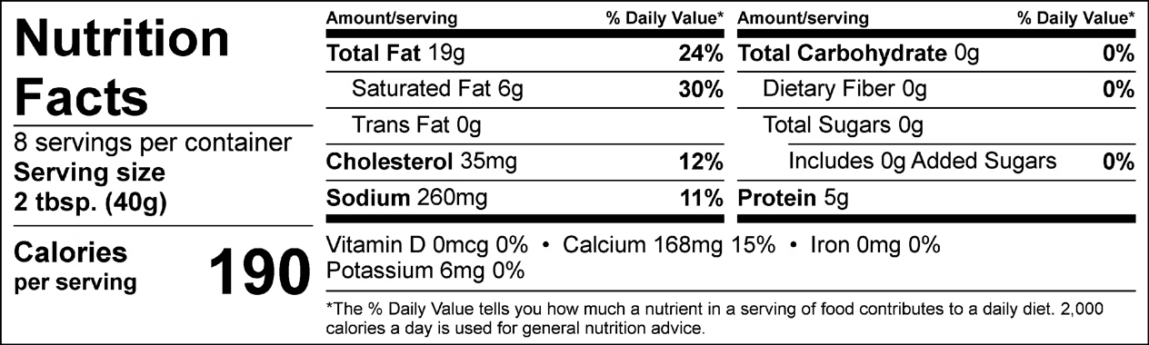 Garvin - Jalapeno Pimento Cheese (8 ounce) Nutrition facts label detailing serving size, calories, and nutrient content per serving. Includes information on total fat, cholesterol, sodium, protein, and vitamins for an 8-serving container.
