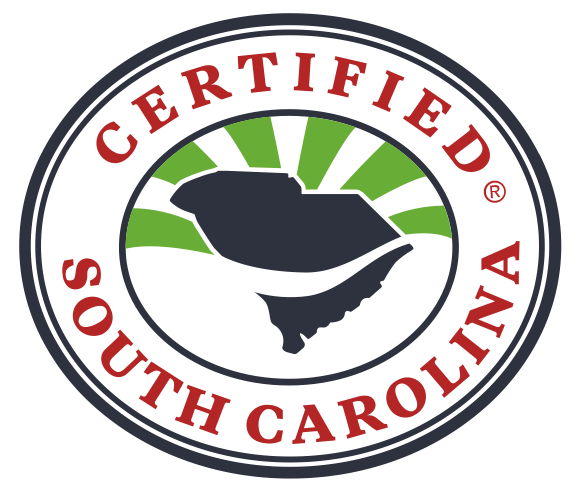 Certified South Carolina logo featuring a silhouette of the state, surrounded by green rays and a circular border. This emblem signifies local products and services that meet quality standards in South Carolina.